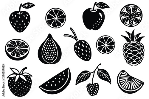 Wallpaper Mural Fruits and berries. Trendy doodle vector illustration. Natural tropical fruits. Fig, cherry, apple, peach, lemon, avocado, pineapple Vector Torontodigital.ca