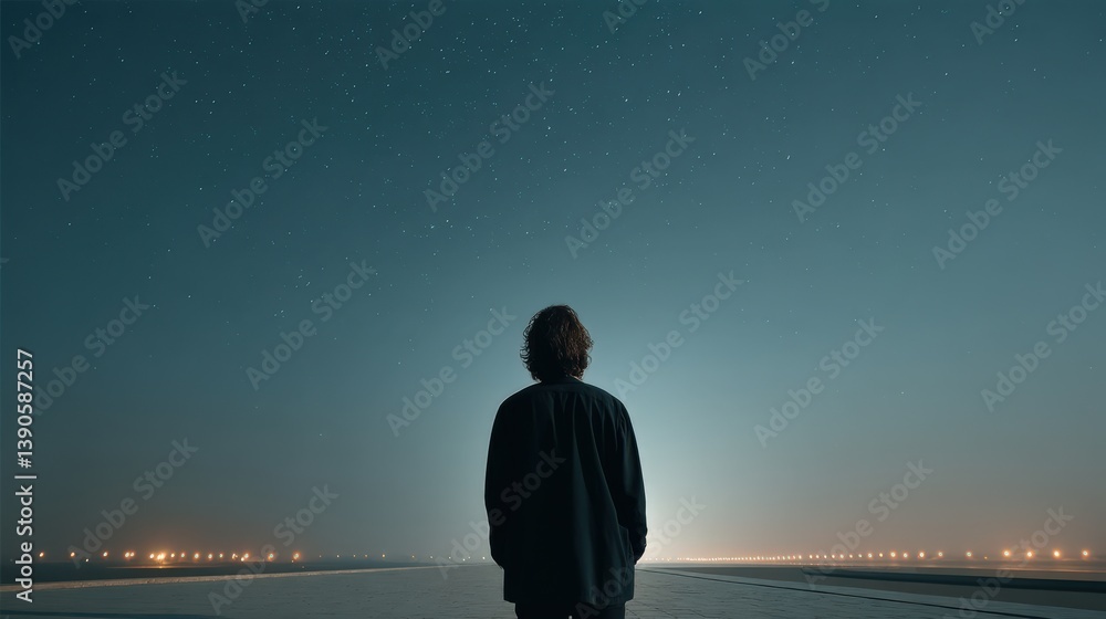 Person Facing Starry Sky with Distant Lights Person Facing Starry Sky with Distant Lights