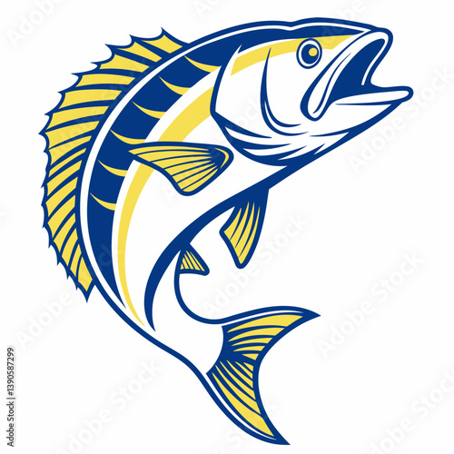 Stylized jumping tuna fish illustration with yellow and blue color scheme on a white canvas view