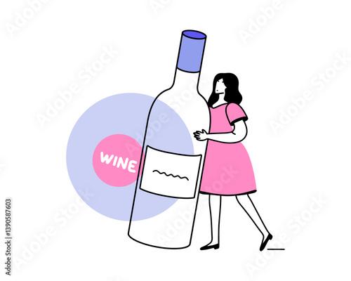 A young woman with a huge bottle of red wine. Can be used for wine festival, booklets, invitations and more. Vector.