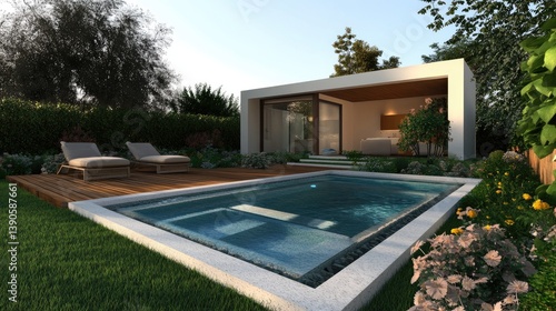 Wallpaper Mural Modern Outdoor Space with Pool and Garden in Bright Sunlight Surrounded by Lush Greenery Torontodigital.ca