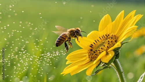 Spring has Sprung. Bee approaching a bright yellow sunflower with droplets around it.