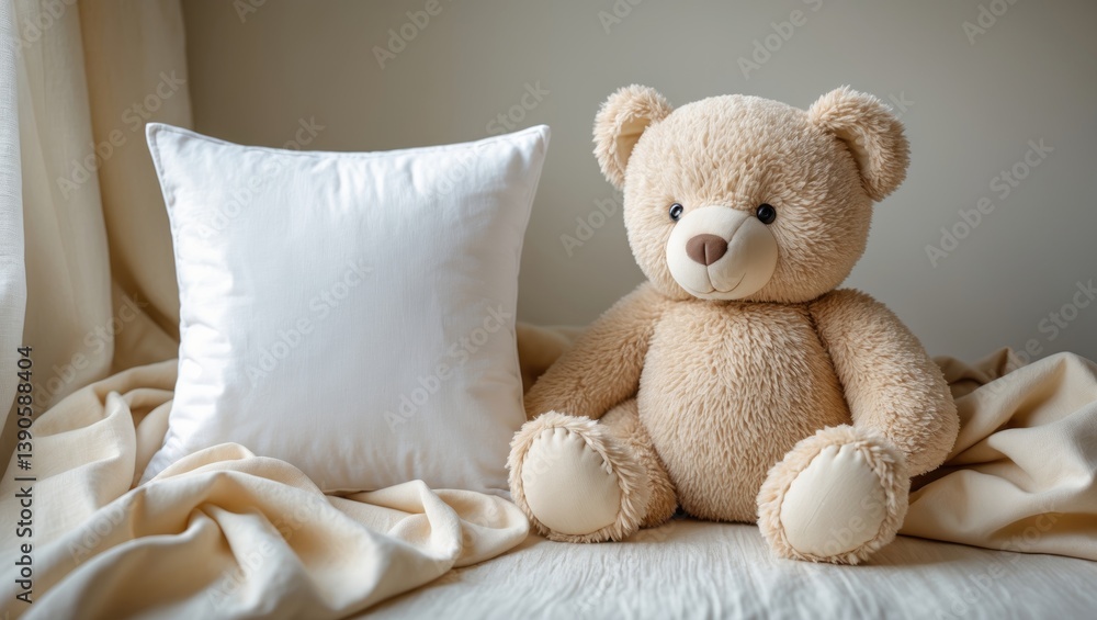 Mockup of a white square baby pillow for design presentation, blank canvas nursery cushion, alongside a blanket and soft toy bear. Mockup of a white square baby pillow for design presentation, blank canvas nursery cushion, alongside a blanket and soft toy bear.
