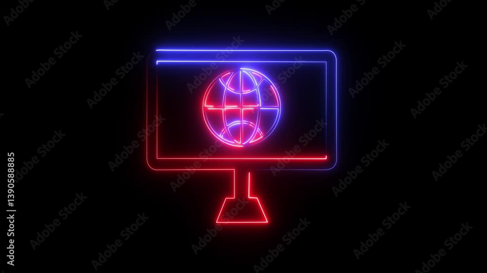 abstract neon shine, monitor icon animation, with dark background. Computer monitor icon neon cyan purple glowing animation. abstract neon shine, monitor icon animation, with dark background. Computer monitor icon neon cyan purple glowing animation.