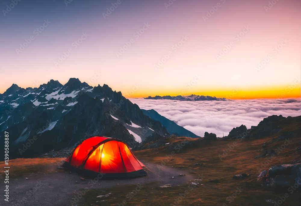Camping. Tent on nature in mountain. Holidays and travel.