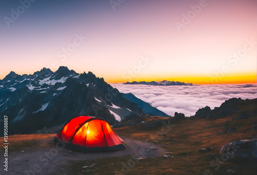 Obraz na płótnie Camping. Tent on nature in mountain. Holidays and travel. w salonie