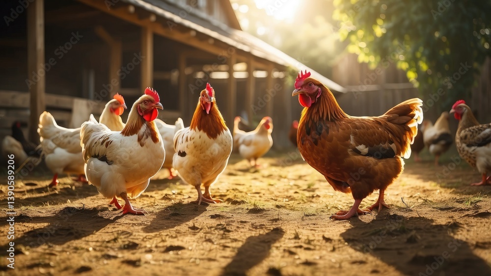 Fototapeta premium A large flock of red and white hens is walking along a dirt path with greenery on both sides.