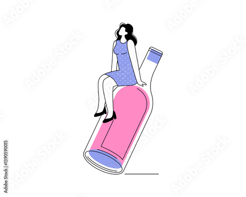 A young woman with a huge bottle of red wine. Can be used for wine festival, booklets, invitations and more. Vector.
