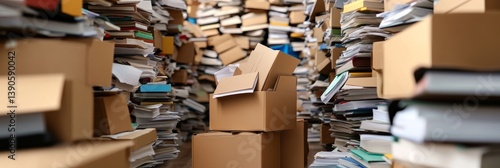 Overflowing Archive: A Cluttered Storage Room - A chaotic scene of overflowing cardboard boxes and towering stacks of paper documents, symbolizing disorganization, archiving, storage