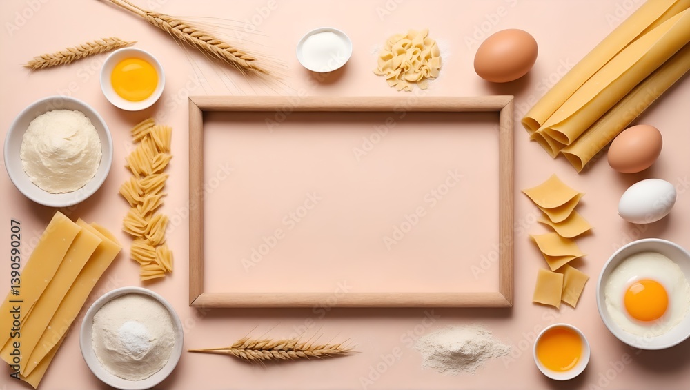Making pasta. Ingredients on table, frame shape. Flat lay, top view. Copy space