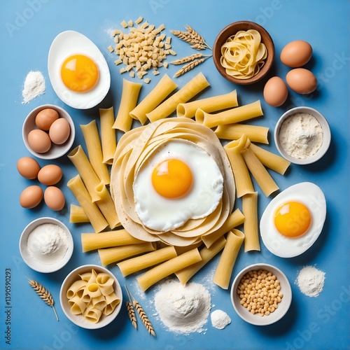 Obraz na płótnie Making pasta with flour and eggs, ingredients on table. Cooking concept. Flat lay, top view. w salonie