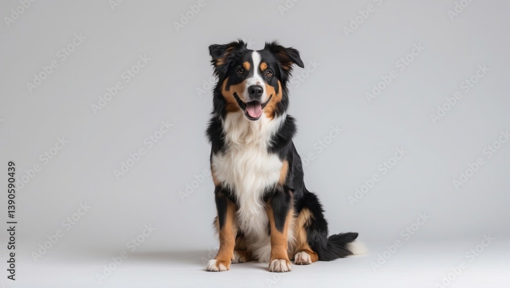 Black Tricolor Shepherd with mouth open panting and gazing at the camera, set against a white background Black Tricolor Shepherd with mouth open panting and gazing at the camera, set against a white background