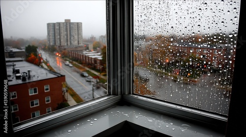 Raindrops on Window Overlooking Urban Street and Buildings