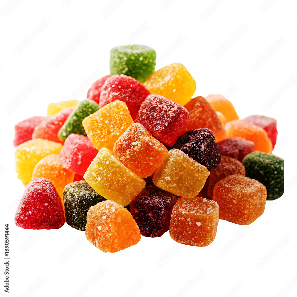 sugar-coated gummy candies piled together on a pure white background, sugar-coated gummy candies piled together on a pure white background,