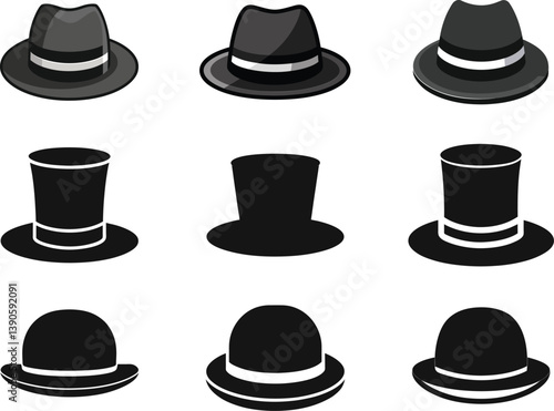 Collection of Classic Black Hats Fedora Bowler Top Hat, Hat Silhouette Vector Set