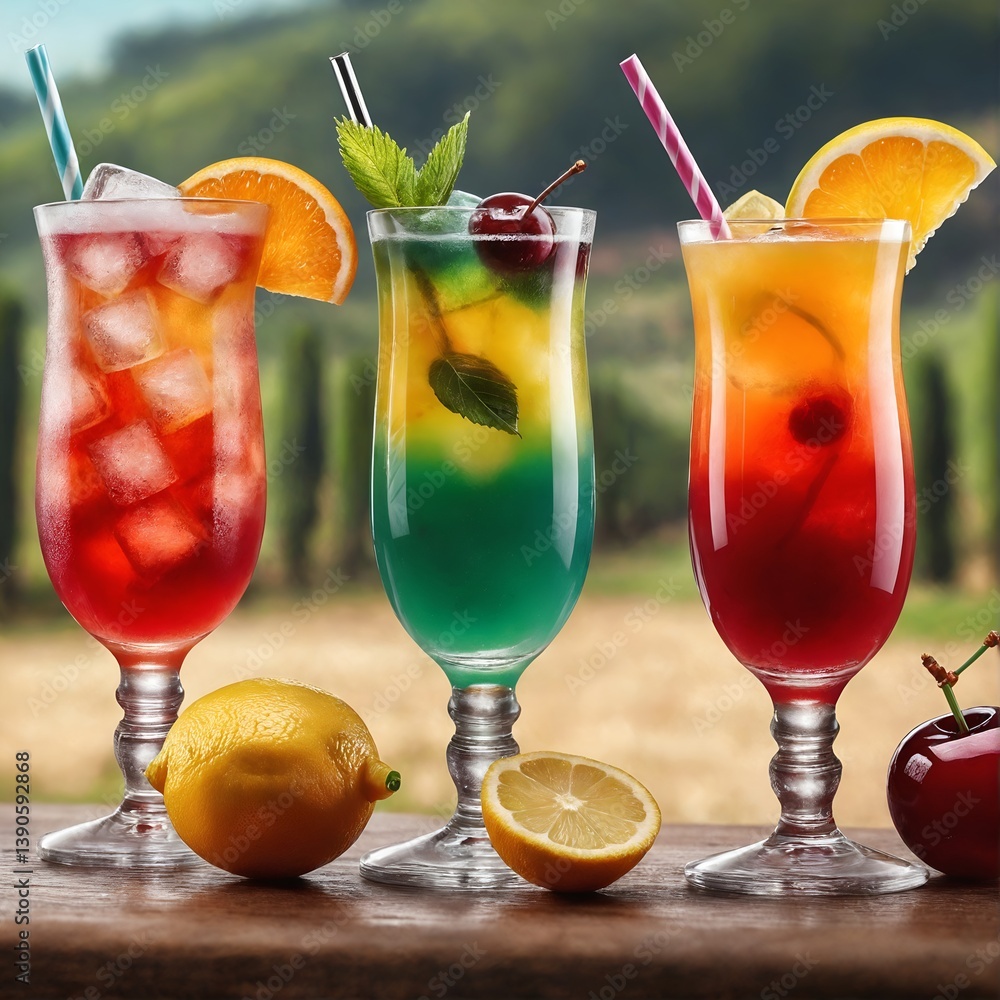 Alkohol cocktails in glasses against italian landscape