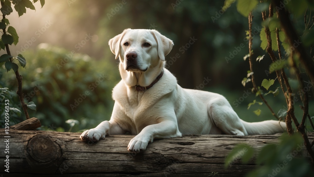 White Labrador retriever dog, confidently perched on a log White Labrador retriever dog, confidently perched on a log