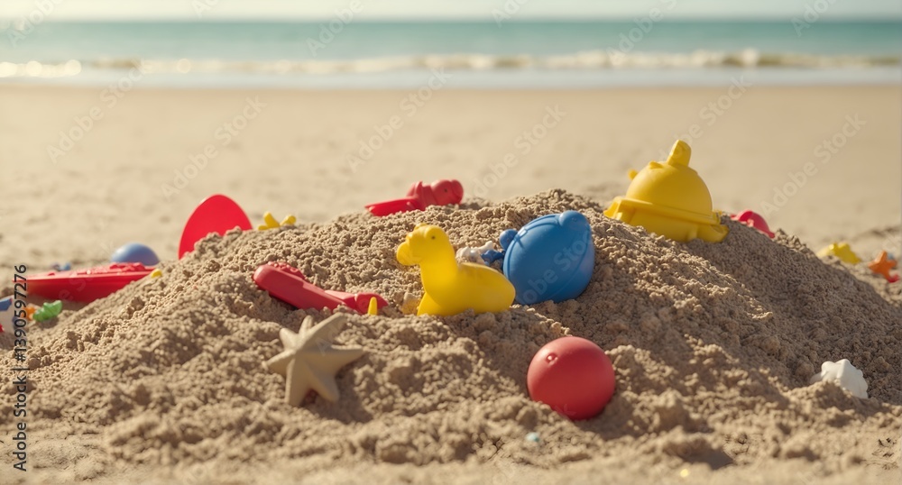 Heap sand with plastic toys at the beach, Summer seaside vacation concept