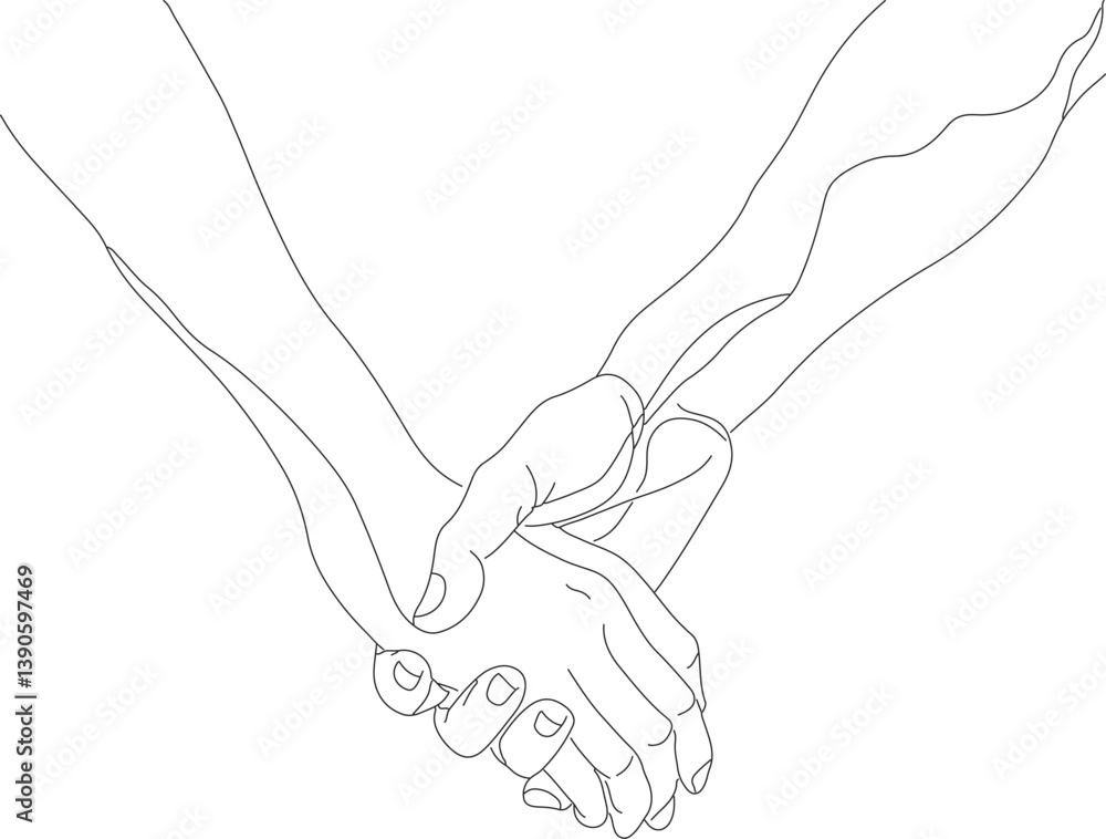 Obraz premium Holding hands one line drawing on white isolated background. Vector illustration 