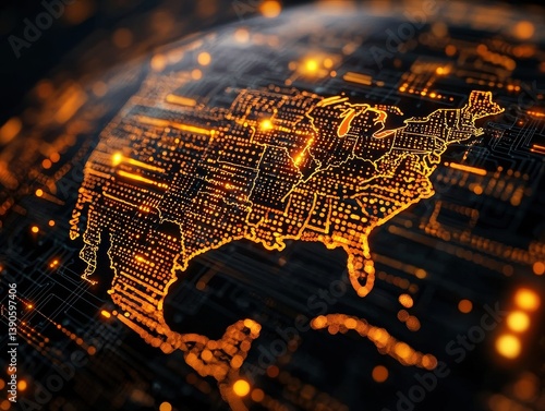 A digital representation of a map highlighting the southeastern United States, illuminated with glowing data patterns against a dark background.