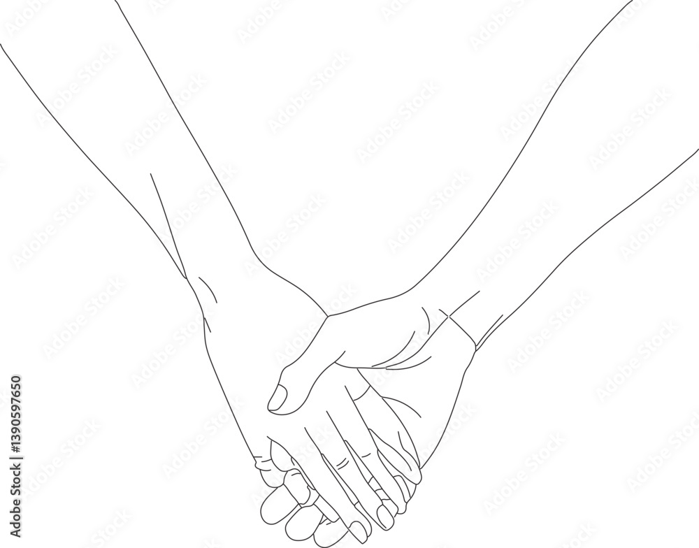 Obraz premium Holding hands one line drawing on white isolated background. Vector illustration 