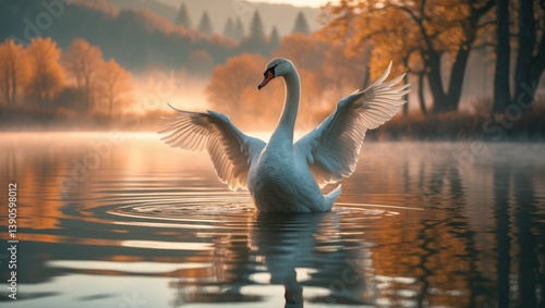 Fototapeta Naklejka Na Ścianę i Meble -  Wild bird male mute swan in defensive stance during spring on pond with evening sun reflection, wildlife.