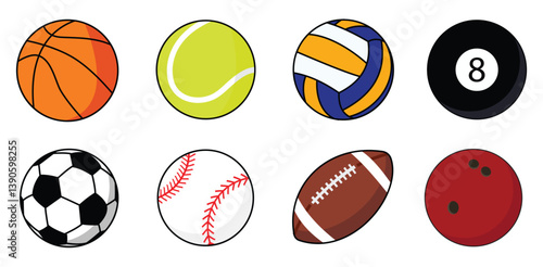 Set of sport balls vector illustration. collection of sport balls, volley ball, soccer ball, basket ball, bowling, etc.