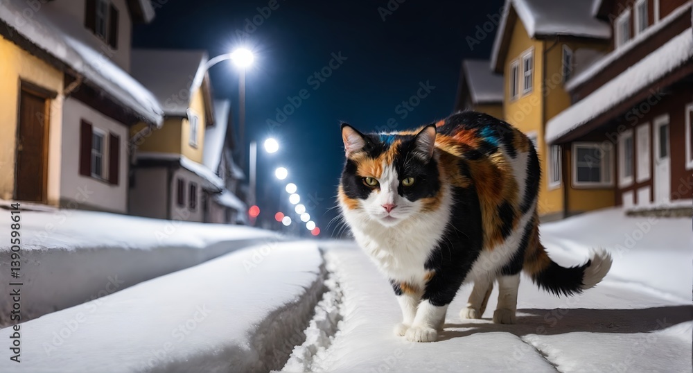 Cat walking down the snowy street in winter. Generated AI
