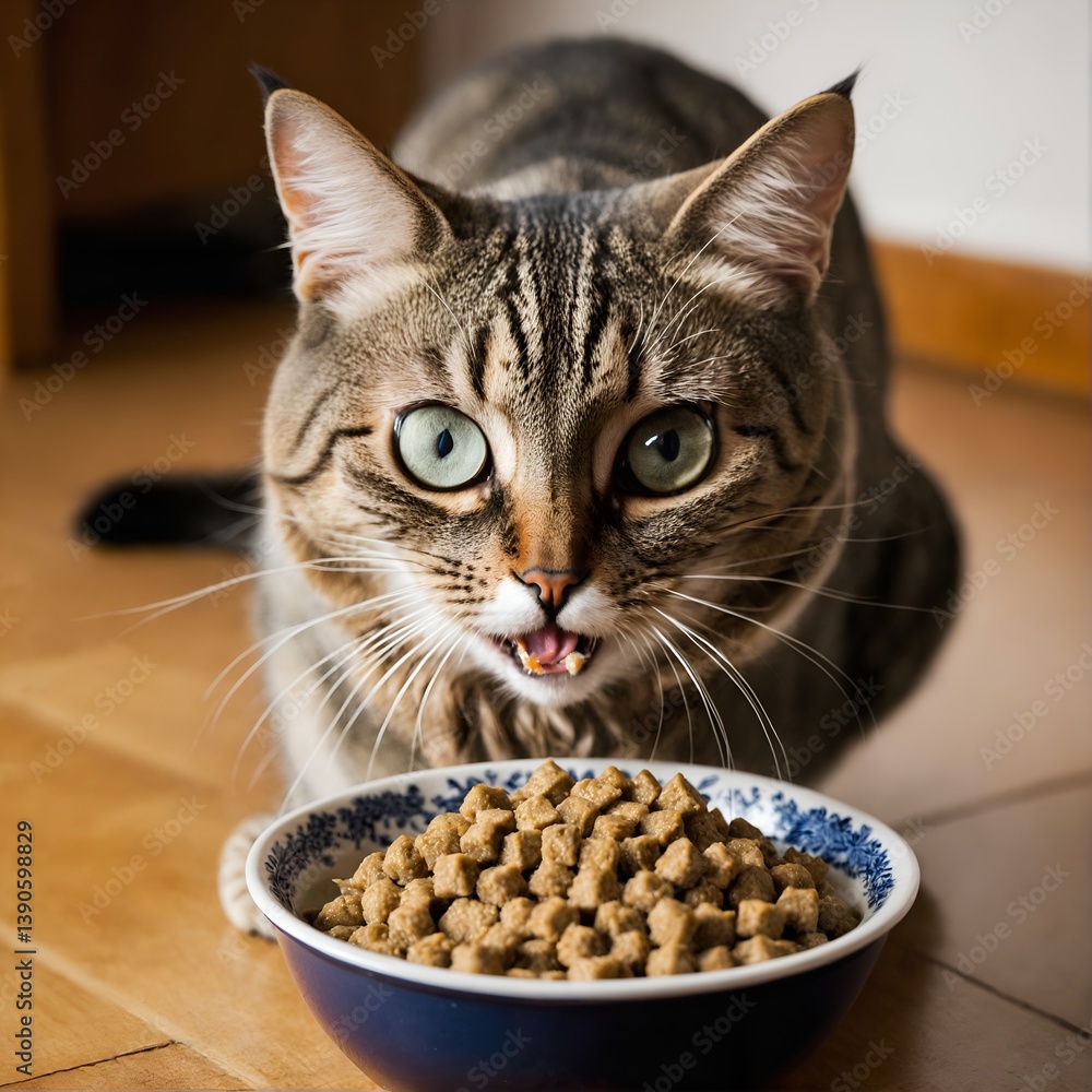 Cat eating from bowl on the floor.