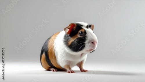 Sweet guinea pig sitting and observing to the right, against a white background