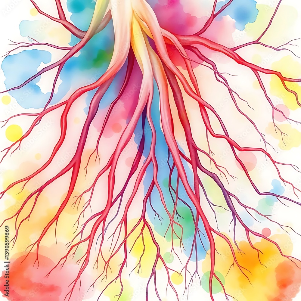 Fototapeta premium Colorful root system: An artistic representation of a tree's root system, showcasing vibrant colors and intricate details against a soft watercolor backdrop, celebrating growth and connection.