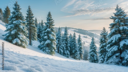 Winter fir and pine forest blanketed in snow following heavy snowfall.