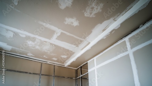Window, frame for glass. Ceiling decoration with materials for repairing an apartment is undergoing construction, remodeling, rebuilding, and renovation.