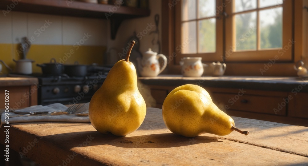 Cozy rustic kitchen interior with pear fruit on old wooden table.
