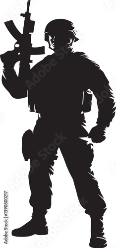 Silhouette Soldier Standing With Rifle Vector Illustration