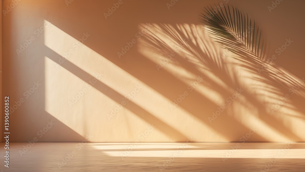 Subtle product presentation background with palm shadow cast on plaster wall. Lavish summer architecture interior aesthetic. Unique product stage mockup. Subtle product presentation background with palm shadow cast on plaster wall. Lavish summer architecture interior aesthetic. Unique product stage mockup.