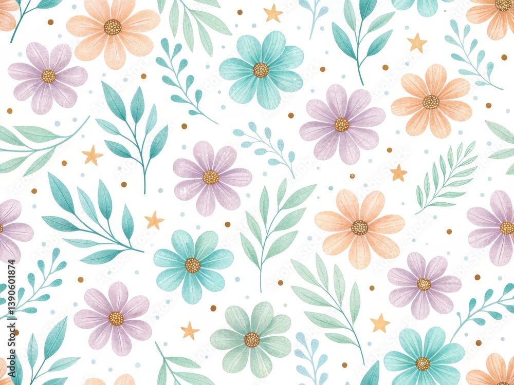 A seamless pattern featuring pastel-colored flowers and leaves, rendered in a soft, watercolor-like style. A seamless pattern featuring pastel-colored flowers and leaves, rendered in a soft, watercolor-like style.
