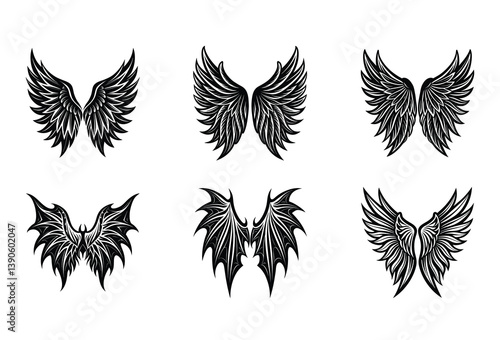 Angel and Demon Wings Tattoo Vector Set – Ideal for creating powerful designs with spiritual or mythological themes in a striking contrast style.