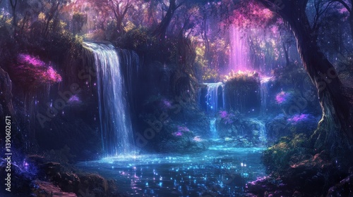 Fototapeta Naklejka Na Ścianę i Meble -  Enchanting waterfall in a mystical forest with glowing flora