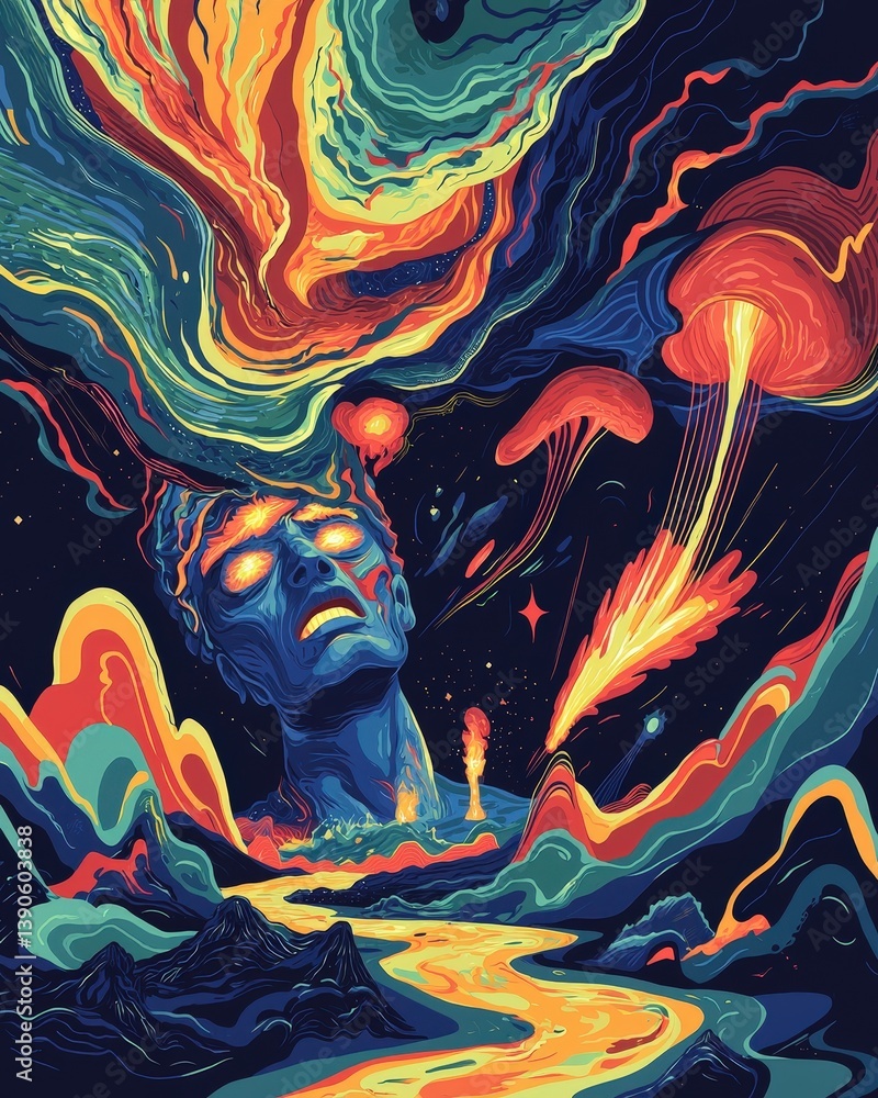 Obraz premium Surreal psychedelic landscape with fiery ribbons and alien mushrooms under starry sky