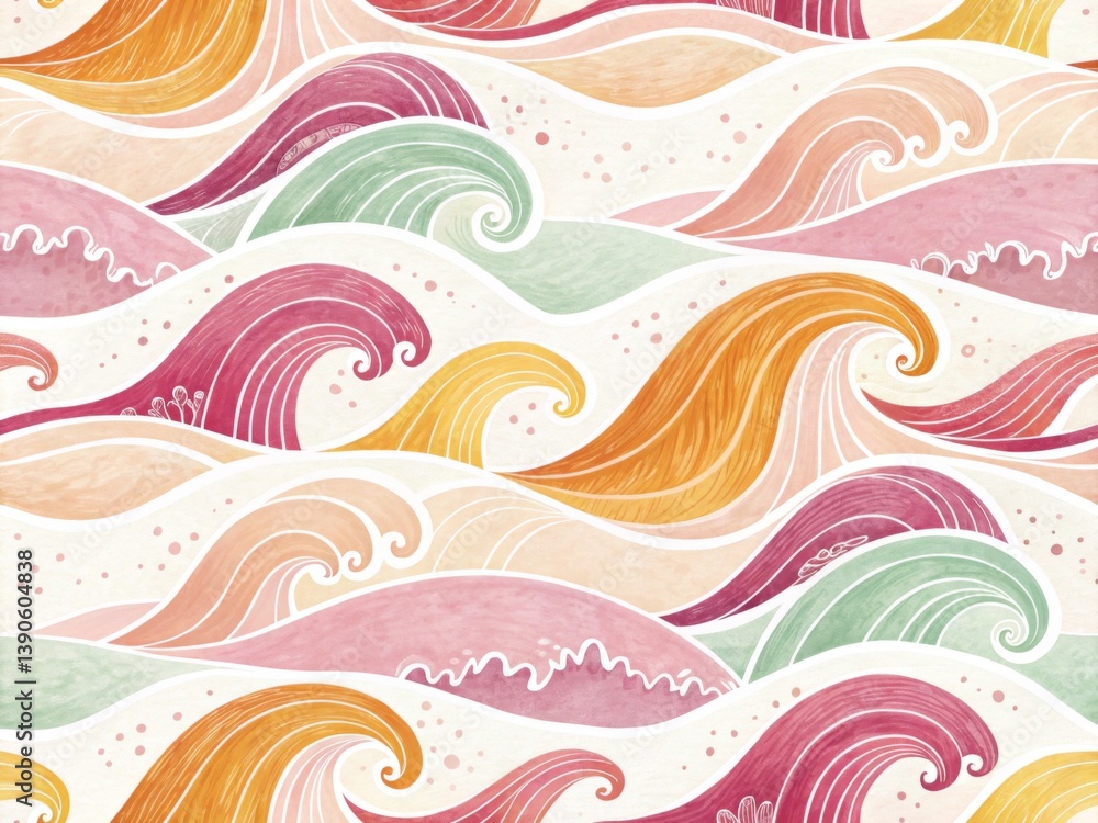 Fototapeta premium A joyful, repeating pattern of stylized waves in pastel colors.