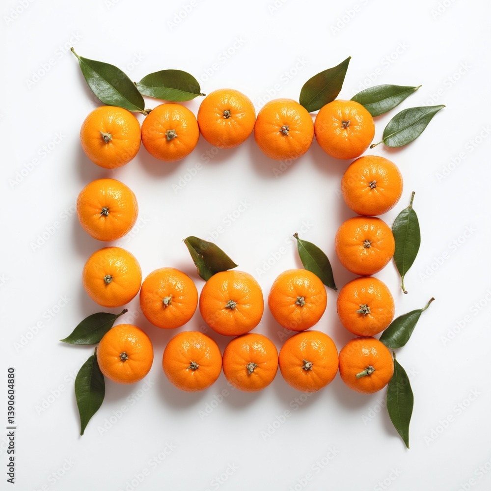 Mandarin fruits, frame form copy space on white. Top view flat lay