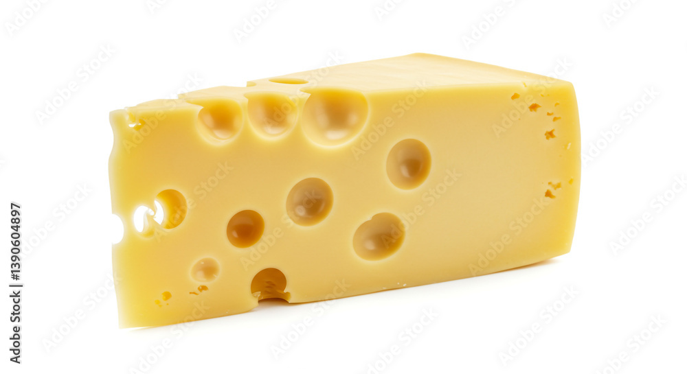 A delectable wedge of Swiss cheese, its pale yellow hue punctuated by signature holes, a testament to its rich, creamy texture and aged perfection, against a stark white background. A delectable wedge of Swiss cheese, its pale yellow hue punctuated by signature holes, a testament to its rich, creamy texture and aged perfection, against a stark white background.
