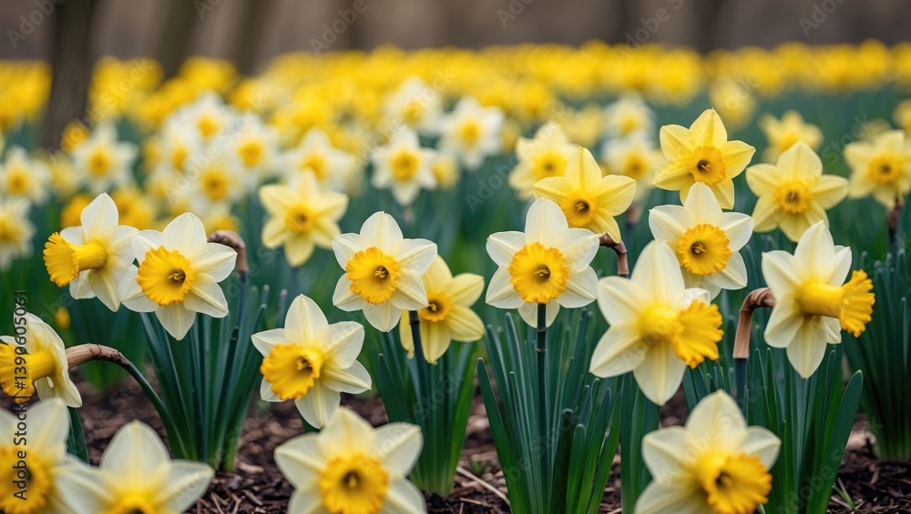 Gorgeous Yellow Daffodils in a Sunlit Field. Perfect for Background and Flower Landscape. Gorgeous Yellow Daffodils in a Sunlit Field. Perfect for Background and Flower Landscape.