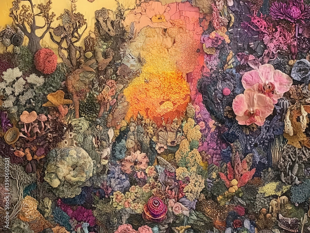 Fantastical botanical landscape with vibrant fungi, orchids, and textured orange center Fantastical botanical landscape with vibrant fungi, orchids, and textured orange center