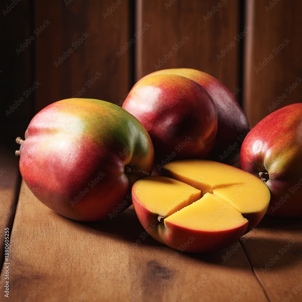 Fresh ripe mango fruits on wooden table.