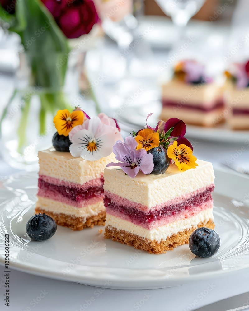 Elegant layered dessert with edible flowers - close-up of creamy cake slice Elegant layered dessert with edible flowers - close-up of creamy cake slice