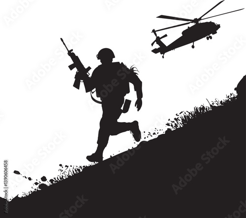 Soldier Running Up Hill with Helicopter Support Silhouette