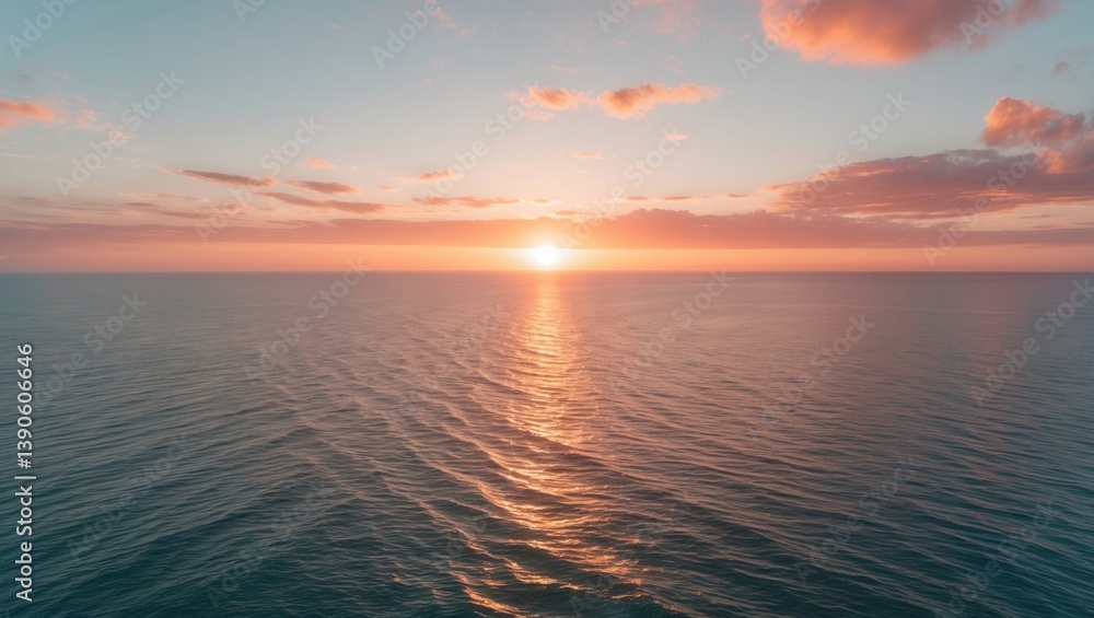 Fototapeta premium Experience the ethereal fusion of sea and sky at sunset from a captivating aerial viewpoint, captured by a droneâ€™s lens. Flight above the ocean.
