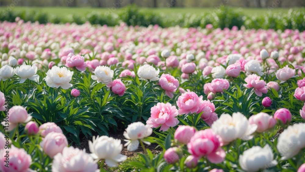 Obraz premium Multi-colored peony flowers blooming in the spring in an agricultural field.